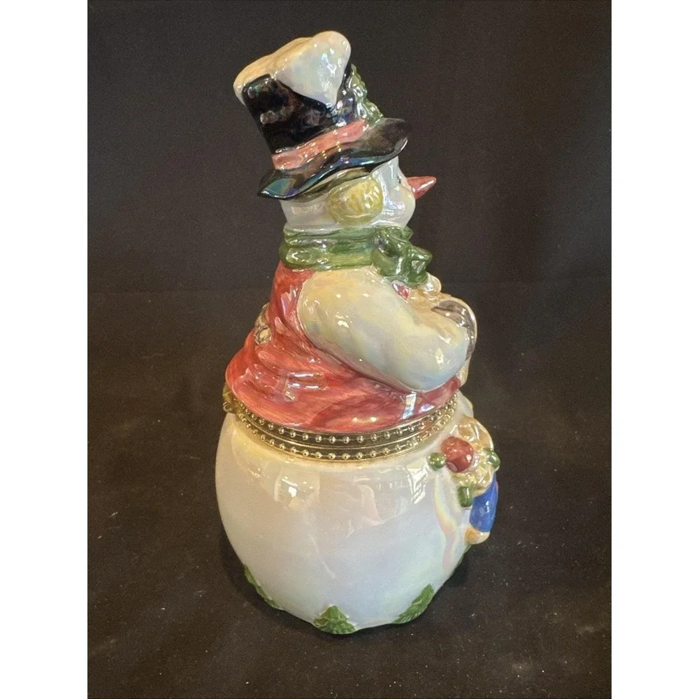 Ceramic Snowman Trinket Box Candy Dish Christmas Holiday Hinged 7.5